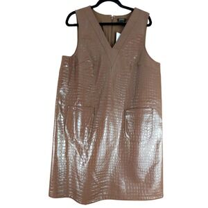 Halogen x Atlantic-Pacific Croc Embossed Faux Leather Jumper Dress Brown L NEW